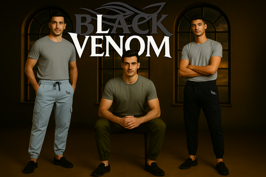 Three men in casual clothing with 'Black Venom' text in the background