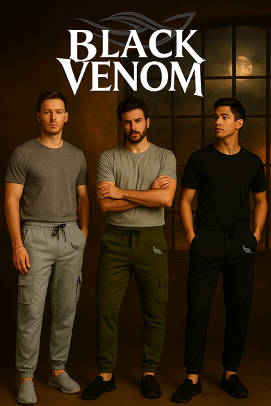 Three men in casual clothing with 'Black Venom' text in the background