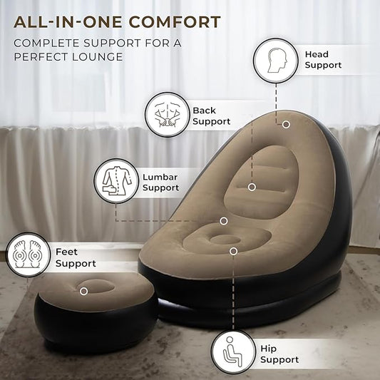 Inflatable massage chair with labeled support points on a neutral background