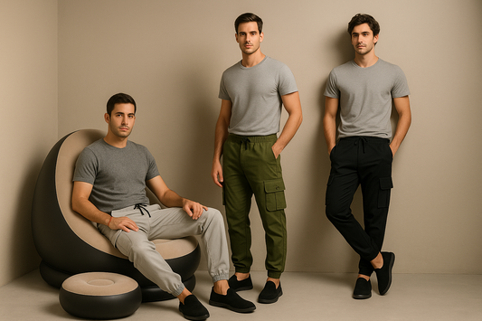 Three men wearing gray t-shirts and different pants posing against a beige wall.