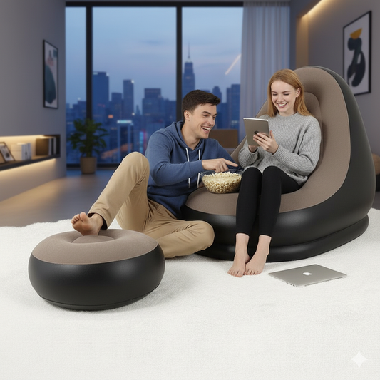 Two people sitting on a modern bean bag chair in a stylish living room with a cityscape view.