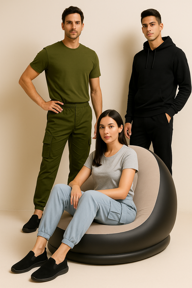 Three men wearing gray t-shirts and different pants posing against a beige wall.