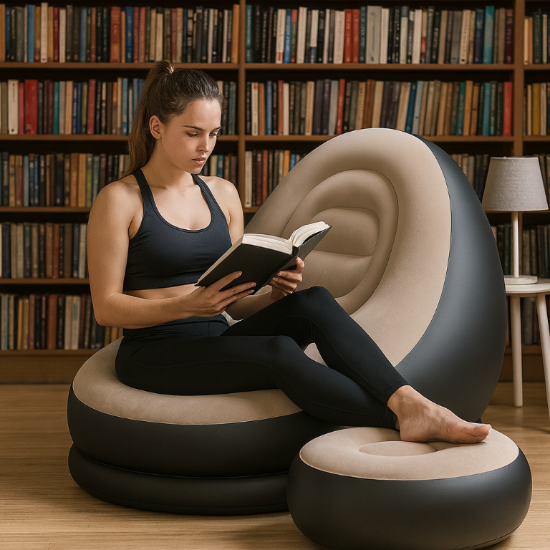 Woman reading a book on a modern, inflatable chair in a library setting.